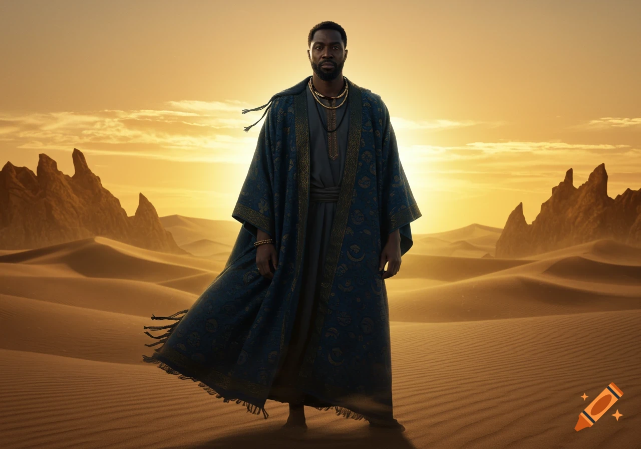 A photorealistic image of a man in a patterned blue robe and gold jewelry standing in a vast desert landscape at sunset.