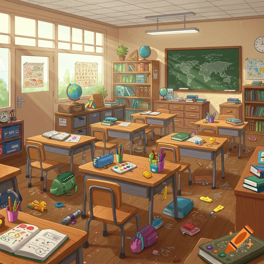 A cluttered cartoon school classroom filled with desks, chairs, school supplies, bookshelves, a world map on the blackboard, and sunlight streaming through windows.