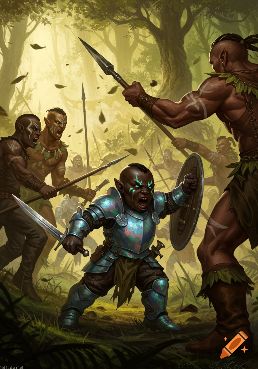 A fantasy battle in a forest clearing features a small armored gnome with green war paint fighting larger tribal warriors.