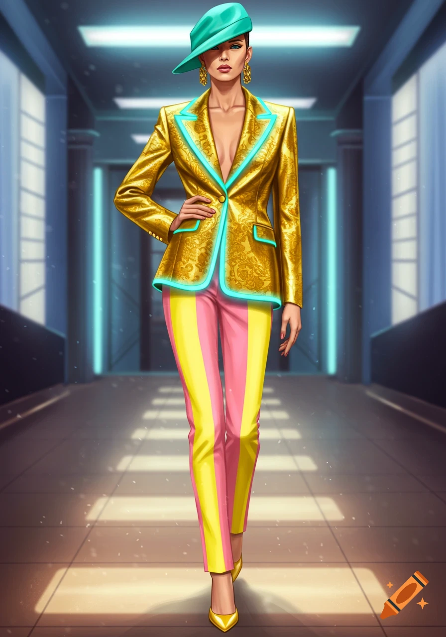 A woman in a gold blazer with glowing blue trim, pink and yellow striped pants, a teal hat, and gold shoes walks in a futuristic hallway.
