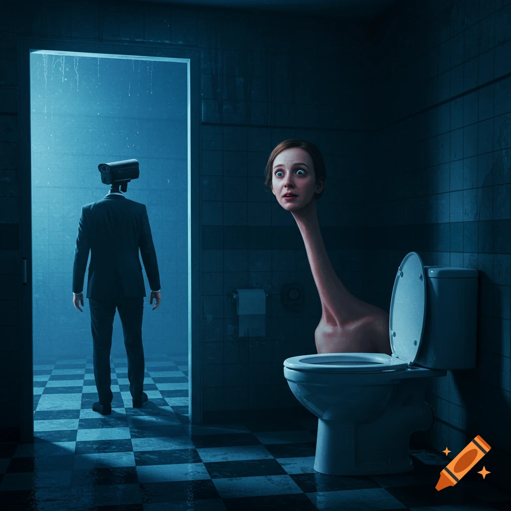 A man with a camera head enters a dark, tiled bathroom to see a long-necked woman's head emerging from a toilet, looking shocked. Surreal, photorealistic.