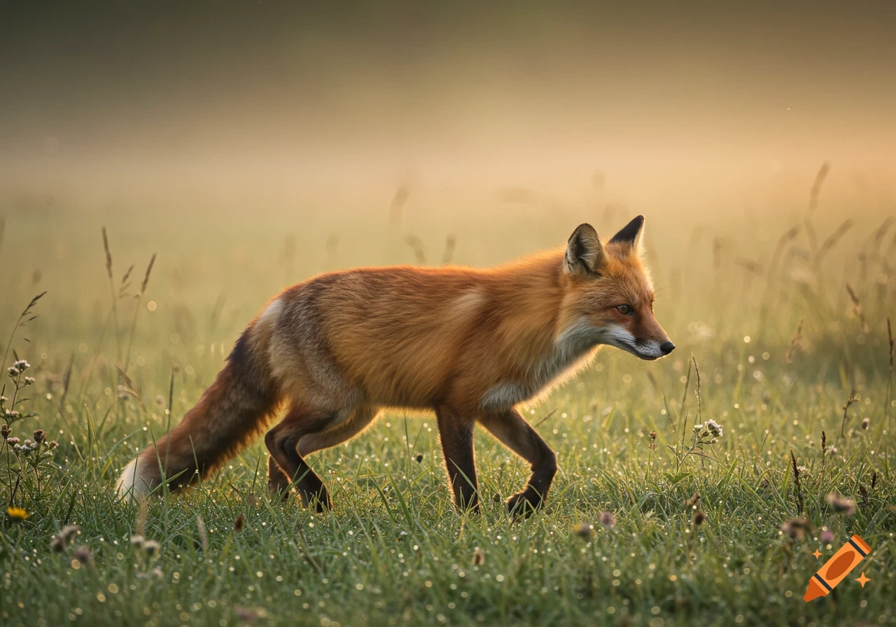 A red fox with a white chest walks through dewy green grass in a field with a soft, warm-toned background at sunrise or sunset, photorealistic.