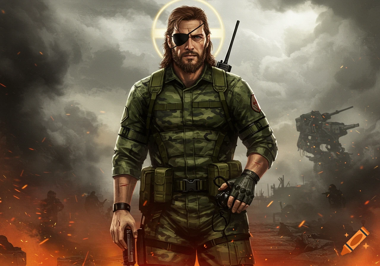 A digital illustration of Big Boss from Metal Gear Solid, with a halo, wearing camouflage uniform and an eyepatch, holding a pistol in a smoky battlefield.