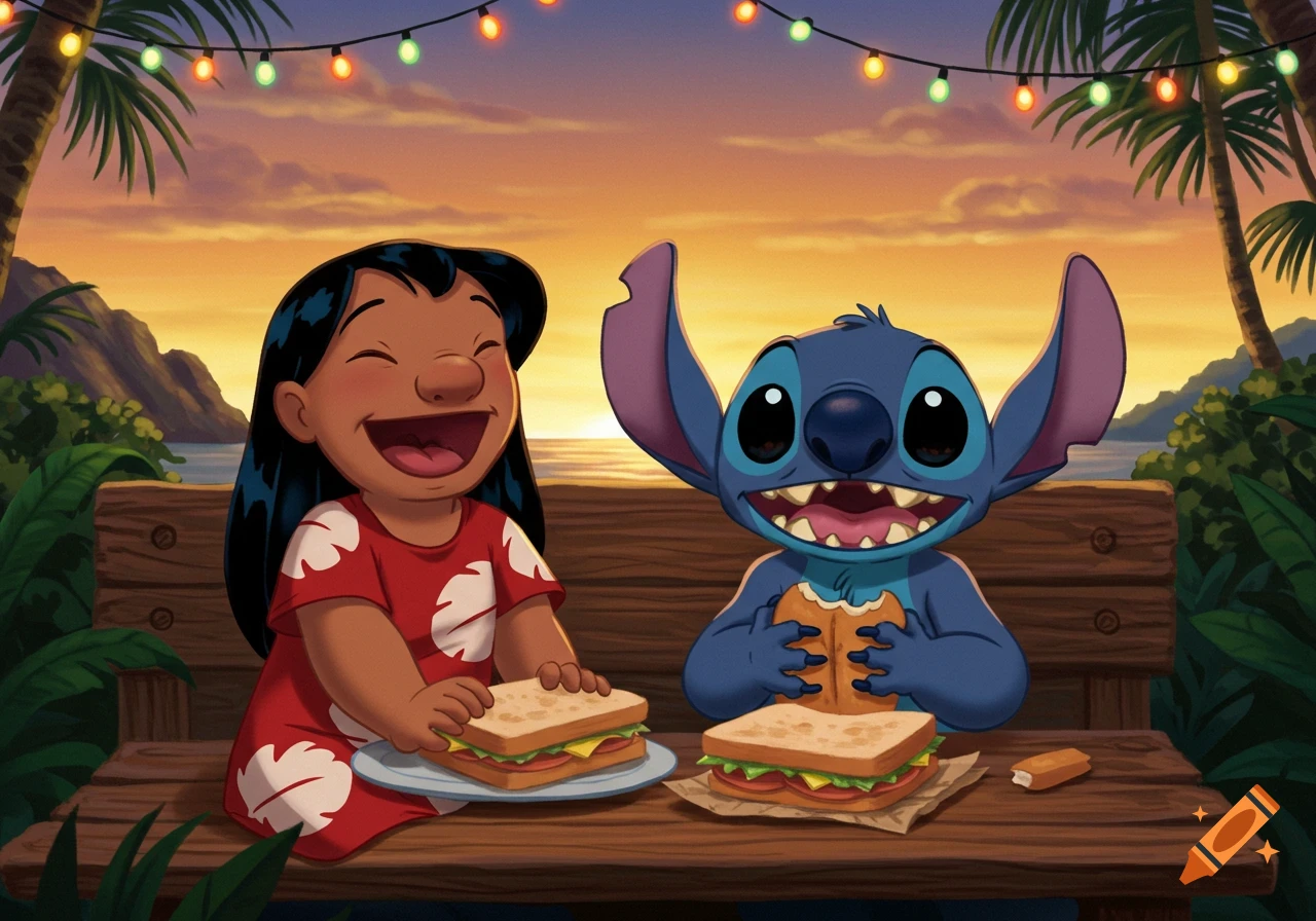 Lilo and Stitch happily eating sandwiches on a wooden bench at a tropical beach during sunset, with string lights overhead.