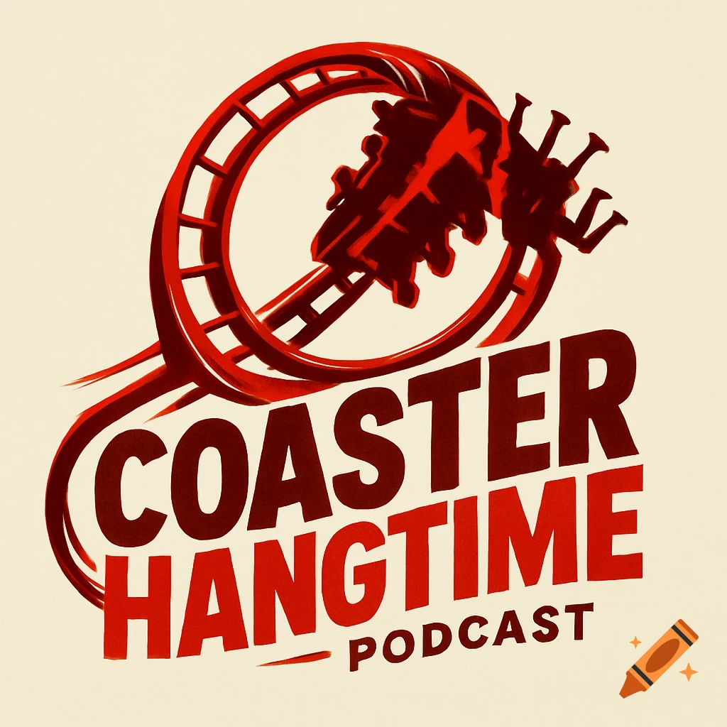 Stylized red and dark red logo for Coaster Hangtime Podcast, showing a roller coaster train with people upside down in a corkscrew.