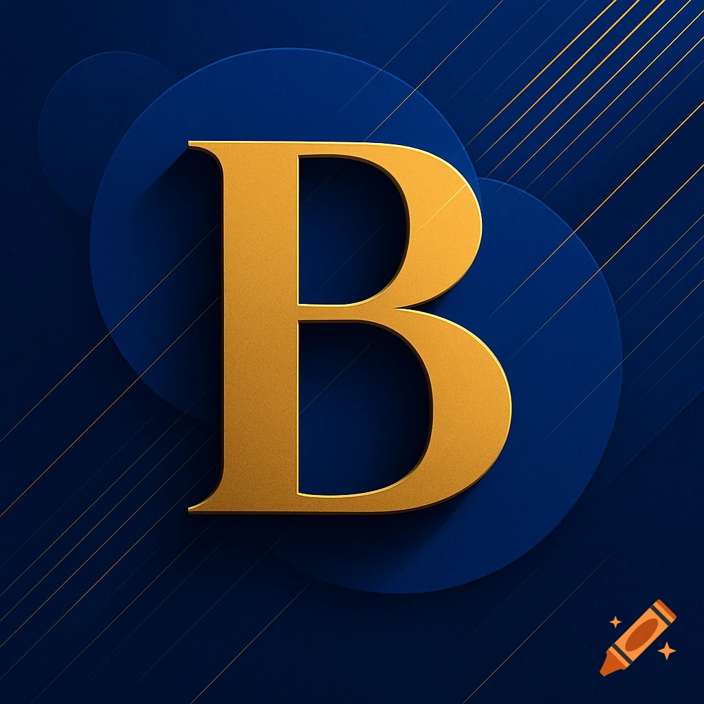 A golden letter B with a textured finish, casting a shadow on a dark blue background with abstract circles and diagonal gold lines.
