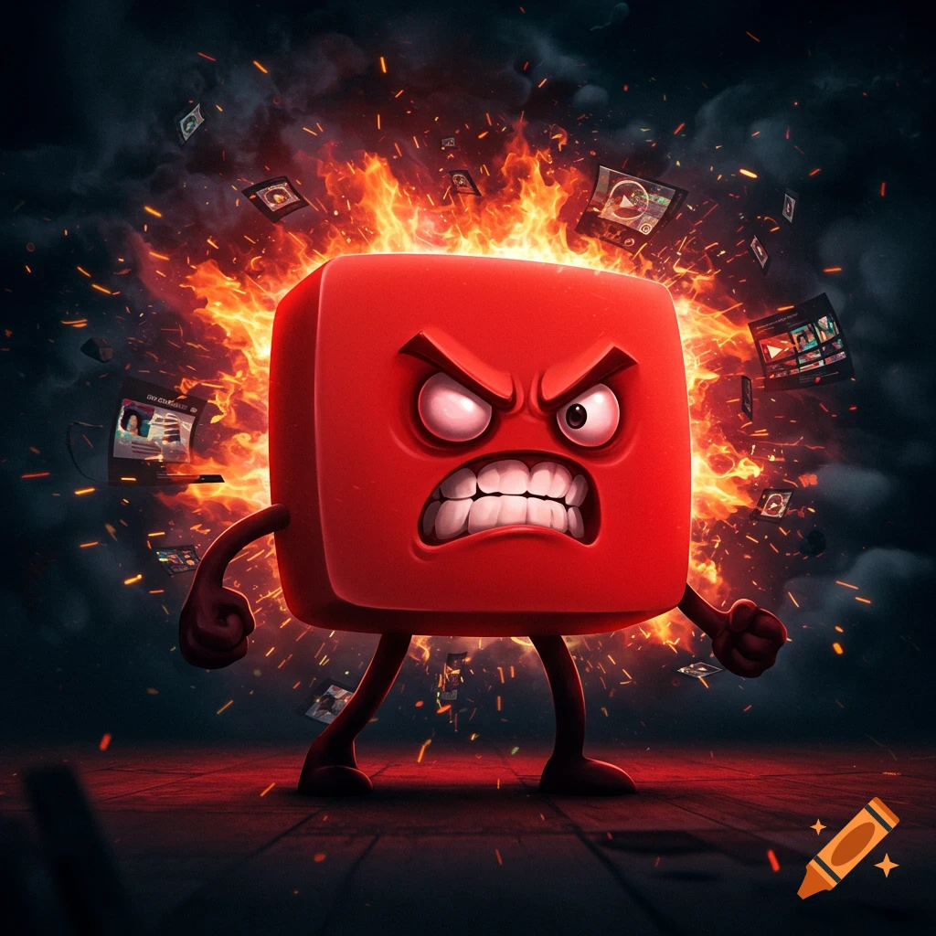 Furious red cube character with bared teeth, surrounded by fire and sparks, with floating video thumbnails, digital art.