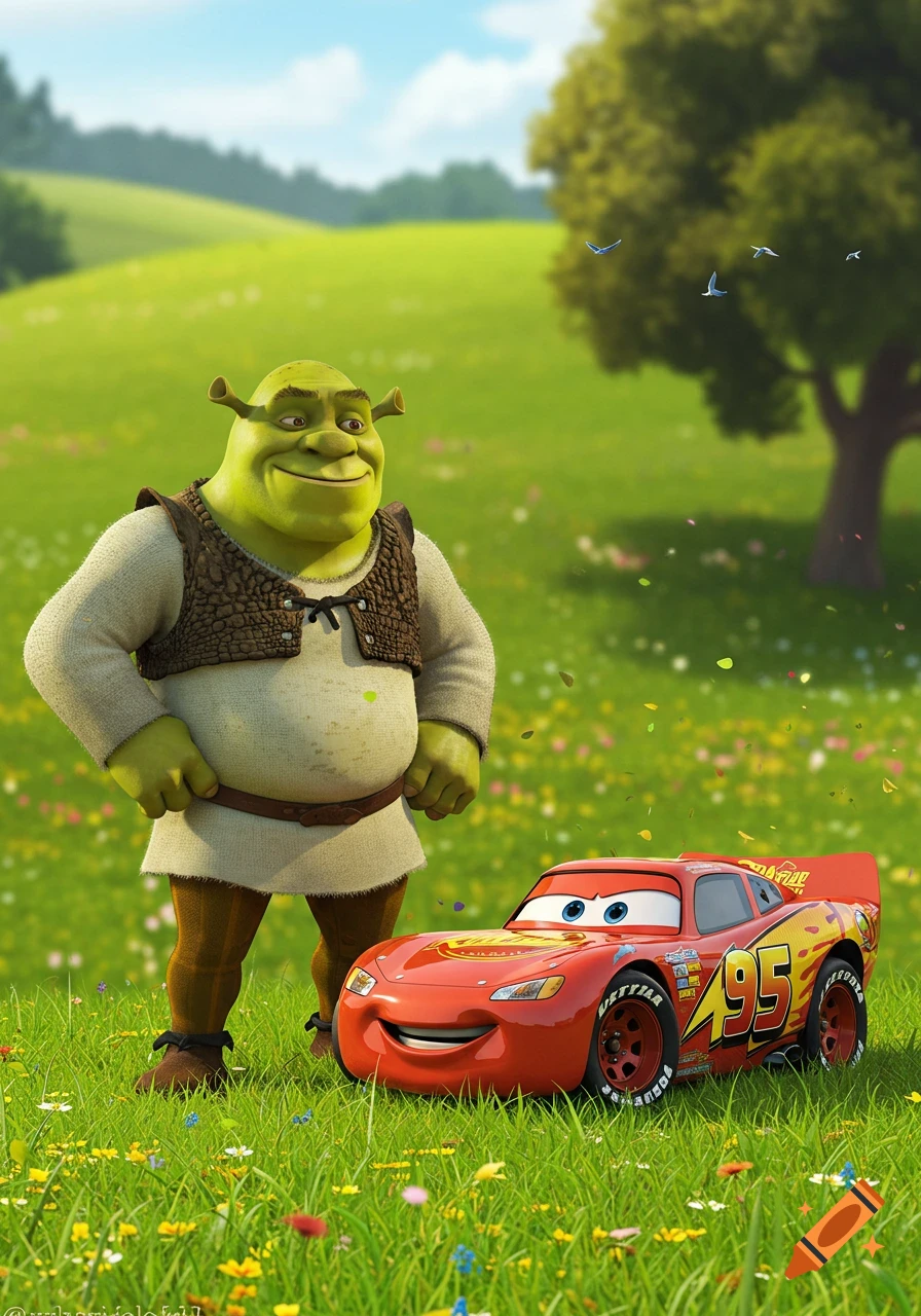 Shrek, a green ogre, stands beside Lightning McQueen, a red race car, in a vibrant green field with small flowers, under a blue sky.