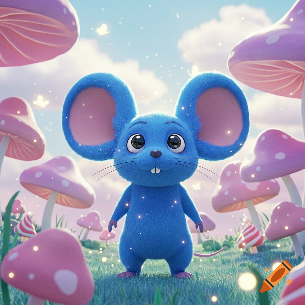 A cute, fluffy blue cartoon mouse with big ears stands in a magical field of pink and purple mushrooms under a bright sky.