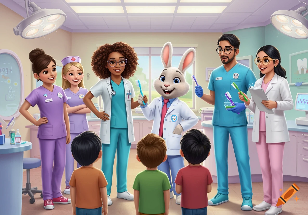 A cartoon rabbit in a lab coat, surrounded by human dentists and nurses in a dental office, holding toothbrushes and interacting with three children.