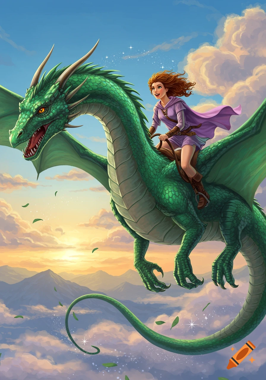 Vibrant illustration of a young woman with auburn hair riding a majestic green dragon, flying through a cloudy sky above mountains at sunset.