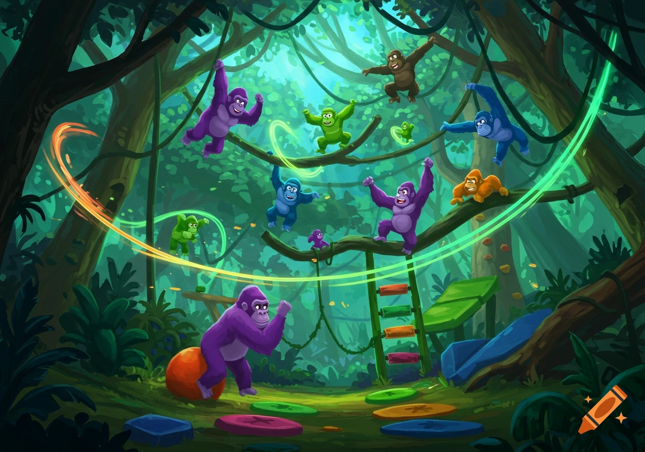 Vibrant cartoon gorillas play and swing on vines and structures in a lush, brightly lit jungle illustration.