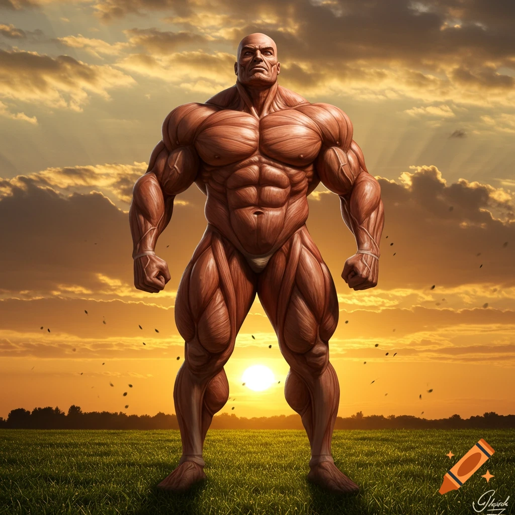 Hyper-muscular bald man in brief, standing in a grassy field at sunset, detailed anatomical rendering.
