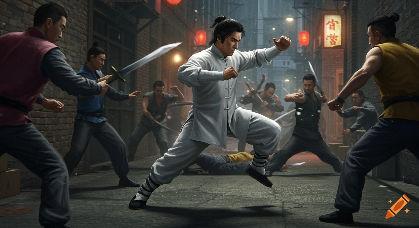 A skilled kung fu master in a white uniform battles multiple opponents in a dynamic, dramatically lit urban alley scene.