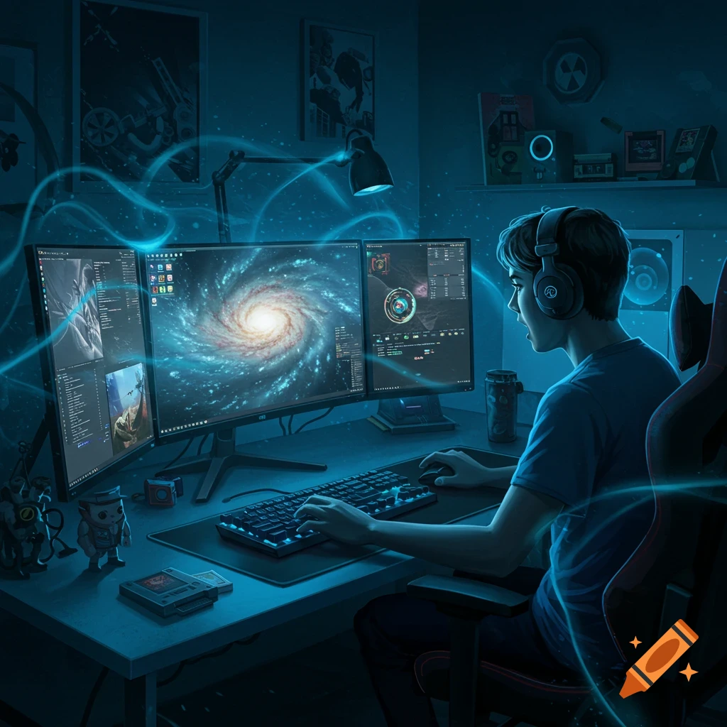 A person with headphones playing games in a dim, blue-lit room with multiple monitors showing a galaxy and code, surrounded by glowing lines.