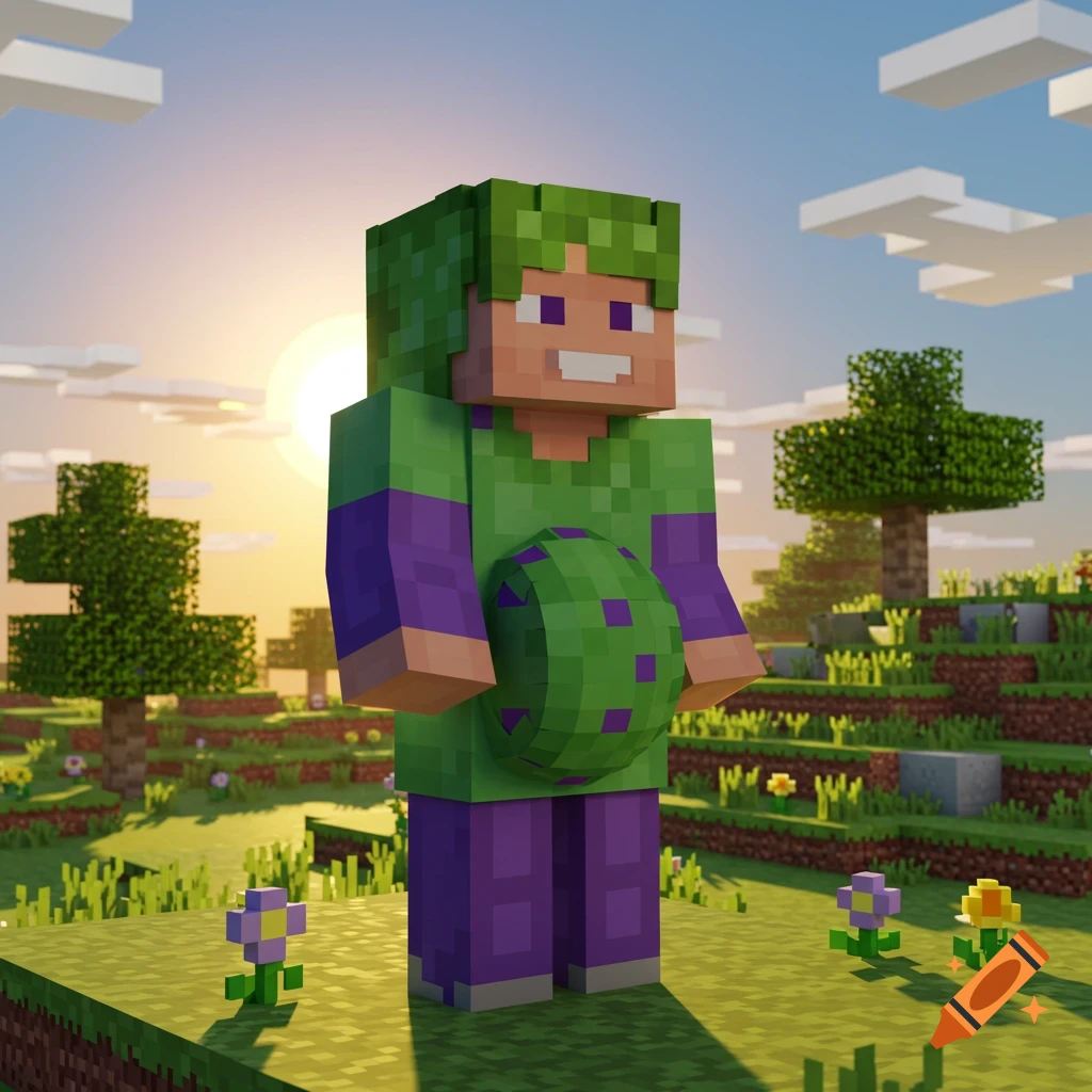 A pregnant Minecraft character in a green and purple outfit stands in a blocky landscape at sunset.