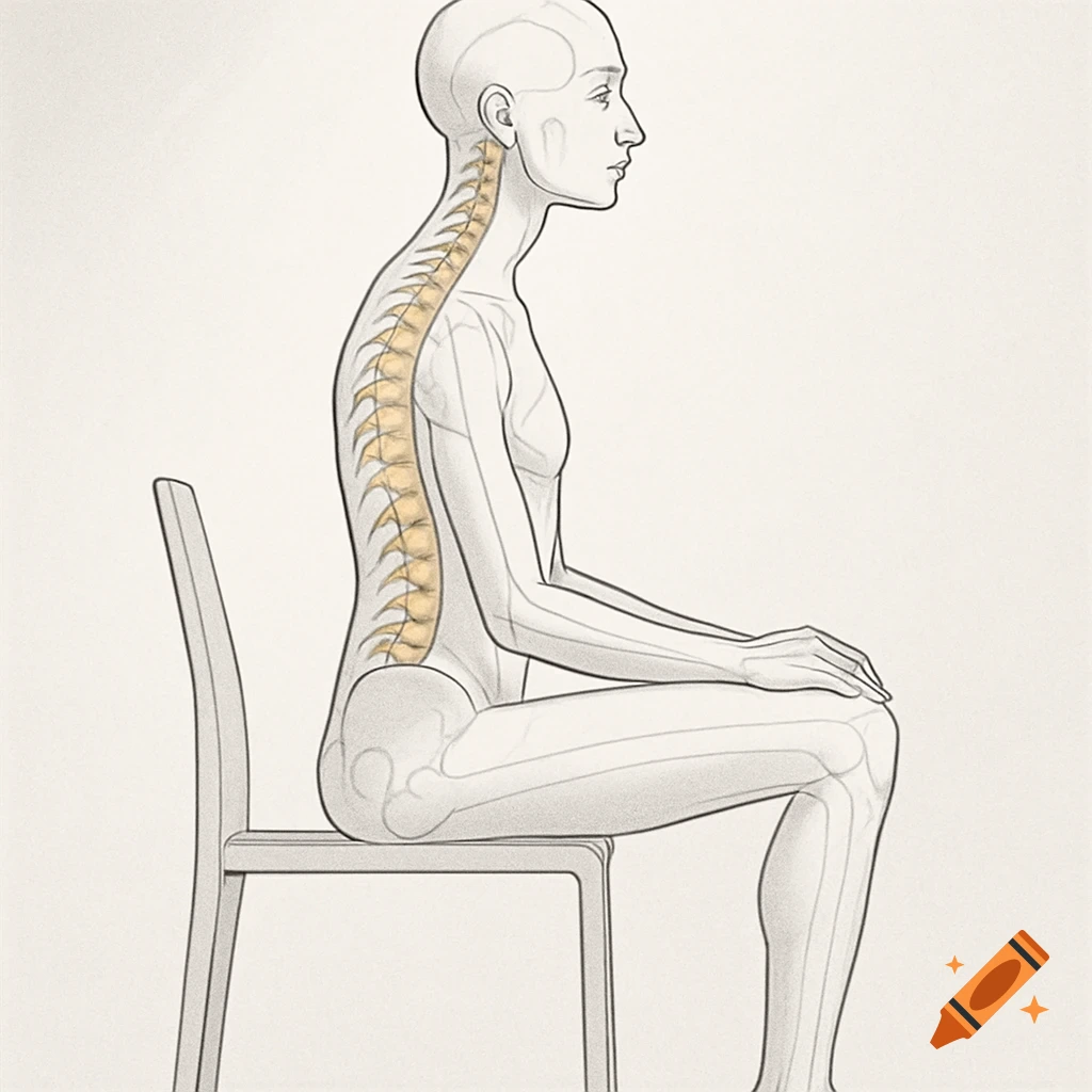 Diagram of a person in profile sitting on a chair, with the spine highlighted in yellow.