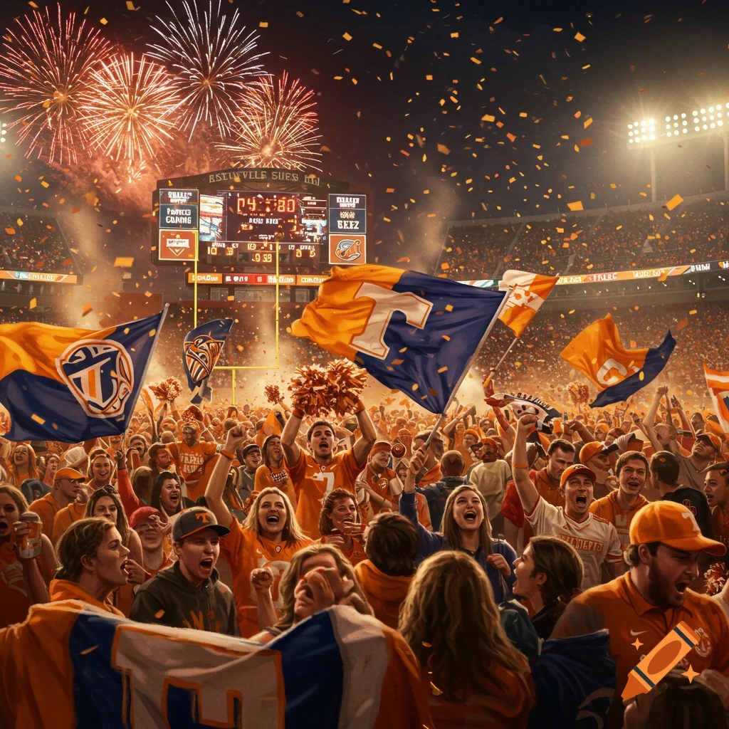 A crowded football stadium erupts in cheers and confetti as fireworks explode overhead, celebrating a victory. Fans in orange and blue wave flags with the letter 'T' and hold up pom-poms.