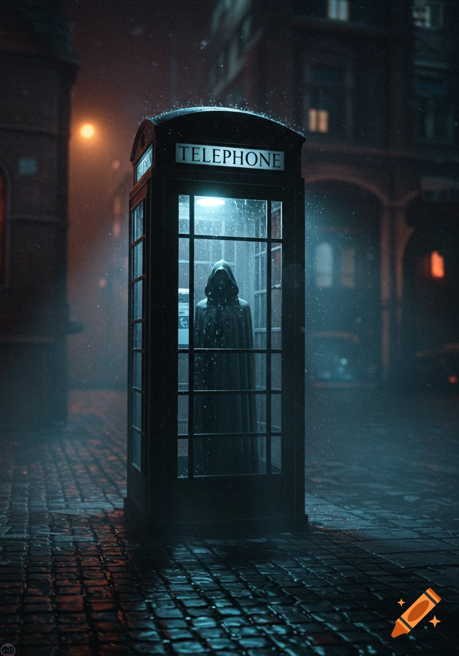 A dark, hooded figure stands inside a glowing phone booth on a rainy, cobblestone street at night, with buildings in the background.