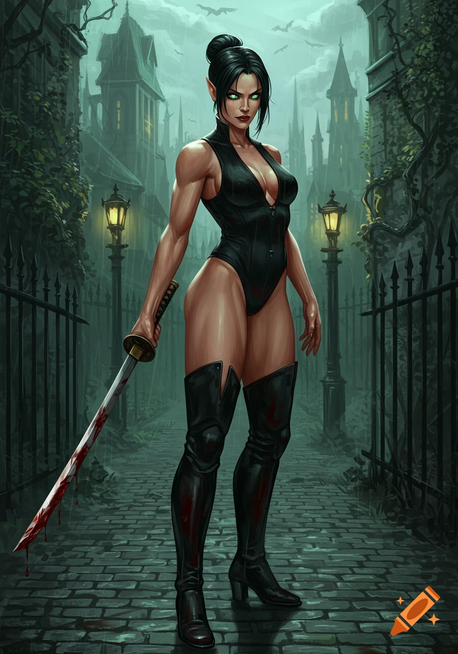 Female demon hunter with green eyes, black bodysuit, and boots, holding a bloody katana on a rainy gothic street. Digital painting.