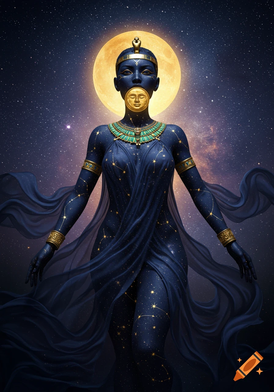 Stylized cosmic goddess with deep blue skin covered in golden stars, adorned with a golden mask and jewelry, standing before a large full moon and a starry sky.