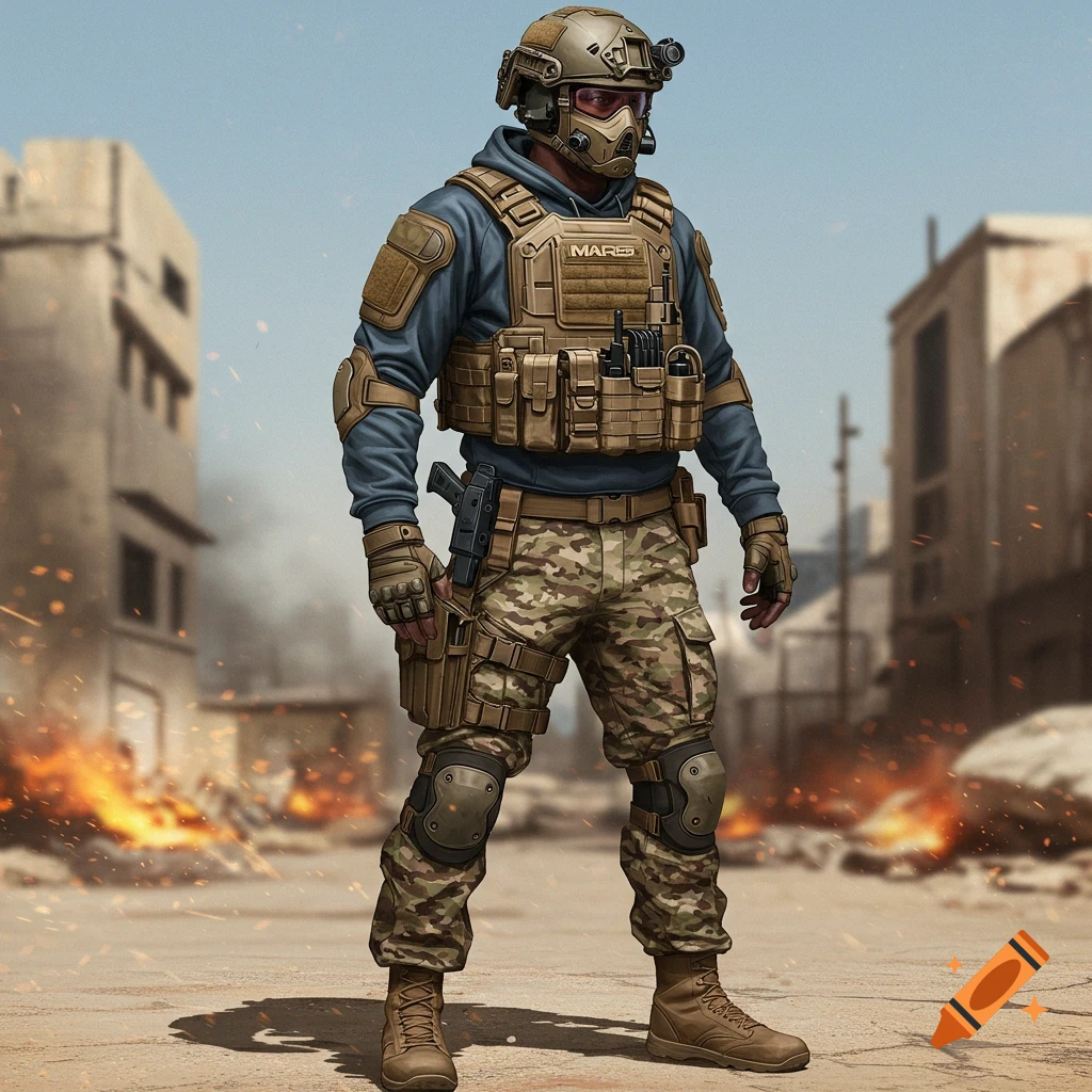 A detailed illustration of an African American soldier in full tactical gear and mask, standing in a burning, ruined city.
