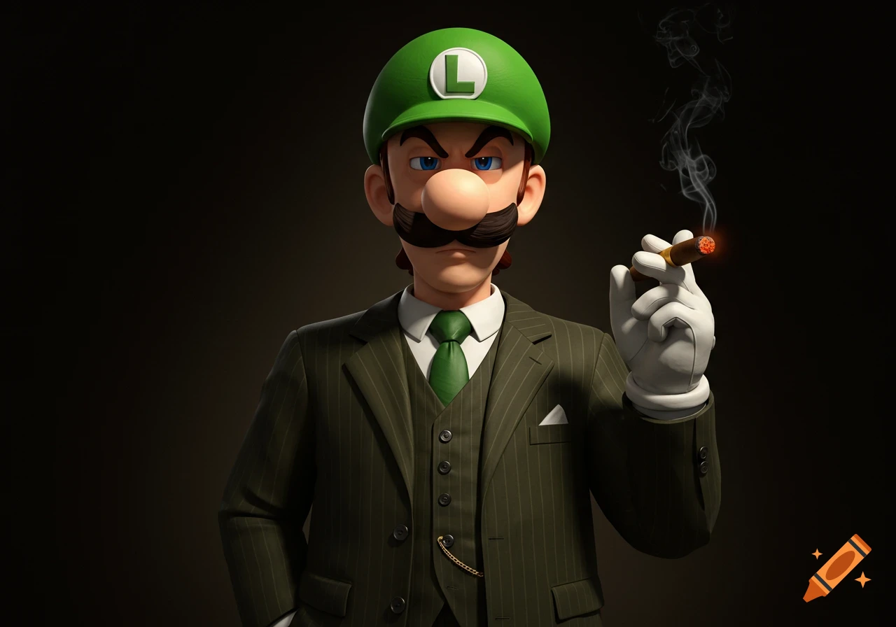 Stylized image of Luigi as a mob boss, wearing a pinstripe suit and green tie, holding a lit cigar and smoking.