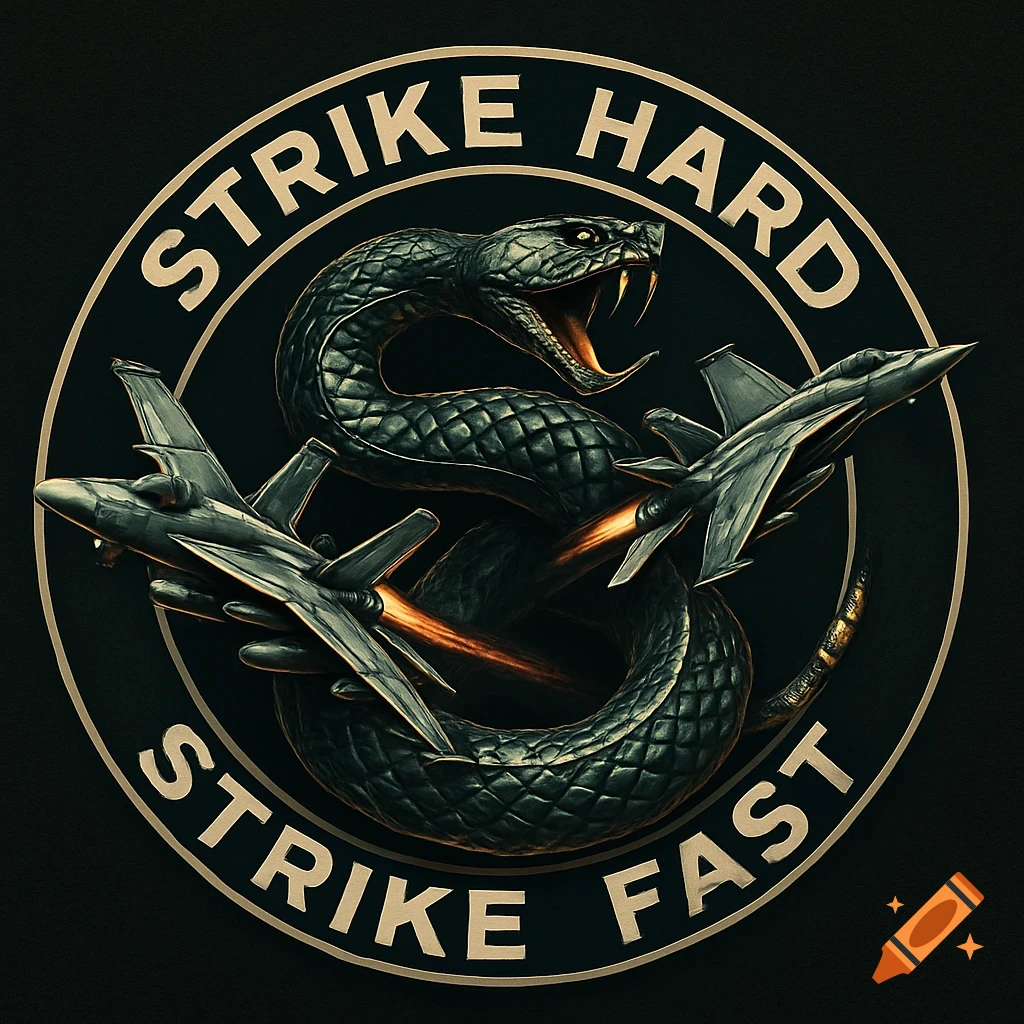 A circular logo featuring a coiled rattlesnake between two fighter jets with glowing exhausts, encircled by the text 'STRIKE HARD STRIKE FAST'.