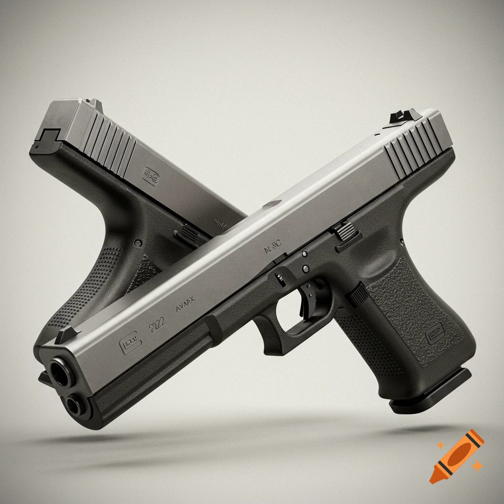 Two Glock 22 pistols, one with a silver slide, crossed on a plain background, in a photorealistic style.