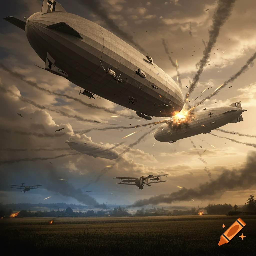 A dramatic scene of World War I zeppelins battling in the sky above a rural landscape at sunset, with one zeppelin exploding and biplanes flying amidst smoke and gunfire.