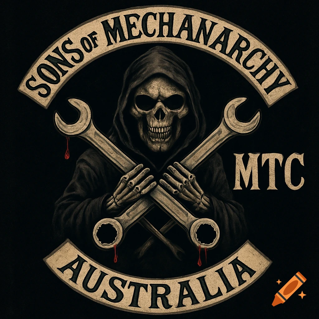A stylized emblem featuring a Grim Reaper skull in a hooded cloak, with crossed wrenches dripping blood. Arcing banners read "SONS OF MECHANARCHY" and "AUSTRALIA", with "MTC" to the right.