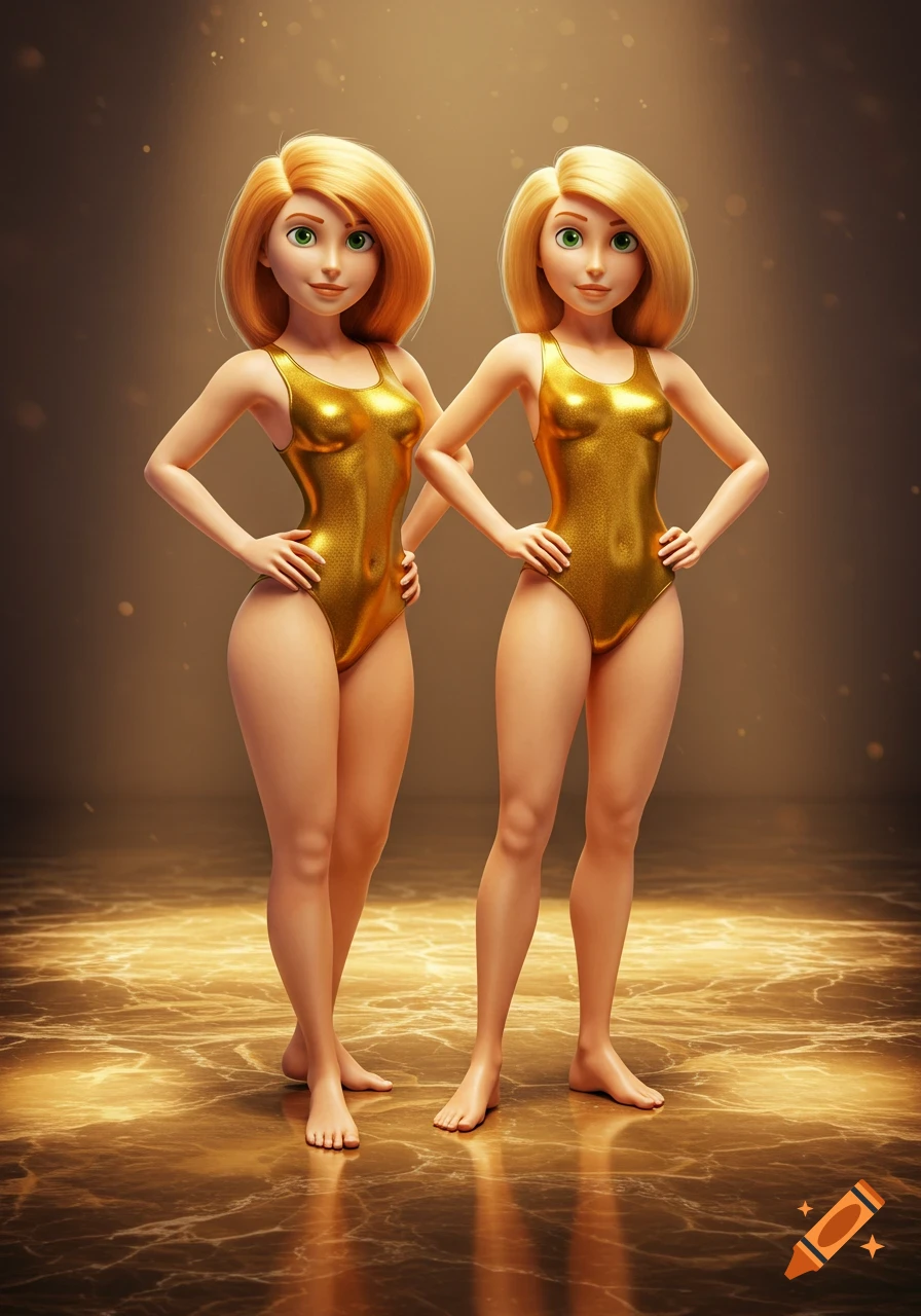 Two barefoot cartoon women with blonde hair and green eyes, wearing metallic gold one-piece swimsuits, stand on a reflective gold marble floor.