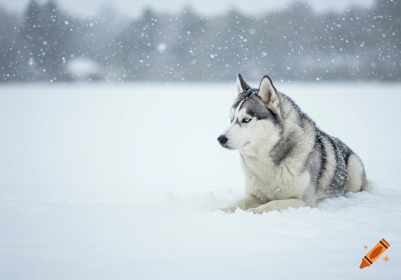 A photorealistic Siberian husky with blue eyes lies in a snowy field as snow falls, looking off into the distance.