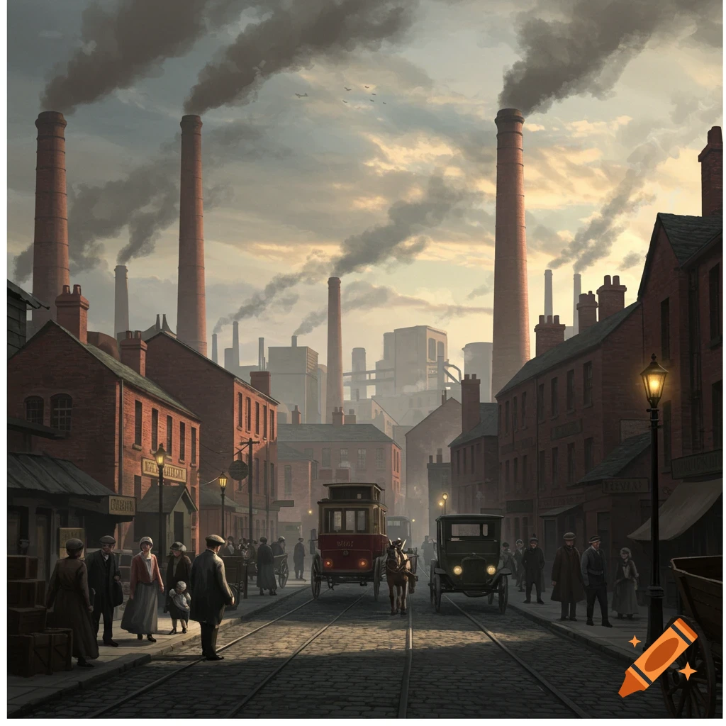Painting of a 1920s industrial English city street scene with brick buildings, smoking chimneys, people, and vintage vehicles.