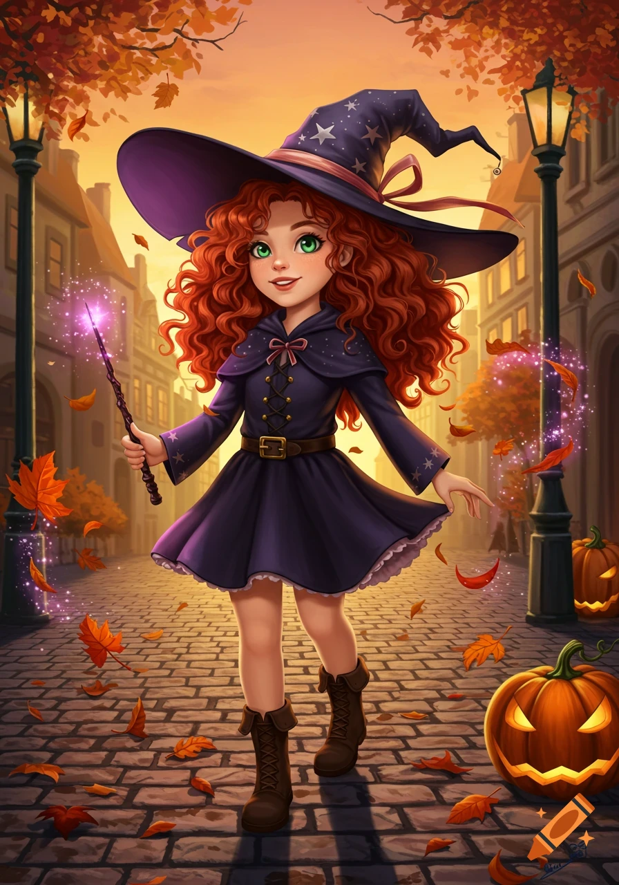 A cute, red-haired witch in a purple hat and dress walks on a cobblestone street, casting magic amidst falling autumn leaves and pumpkins at sunset.