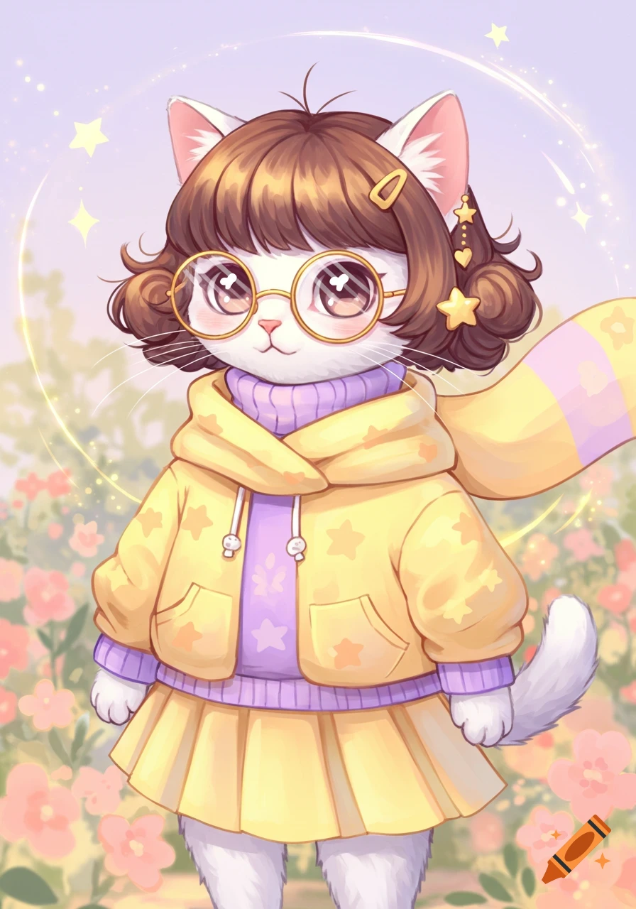 Cute white cat furry with brown bob, round glasses, yellow star hoodie, purple top, yellow skirt, and pastel scarf in a flowery, starlit field.