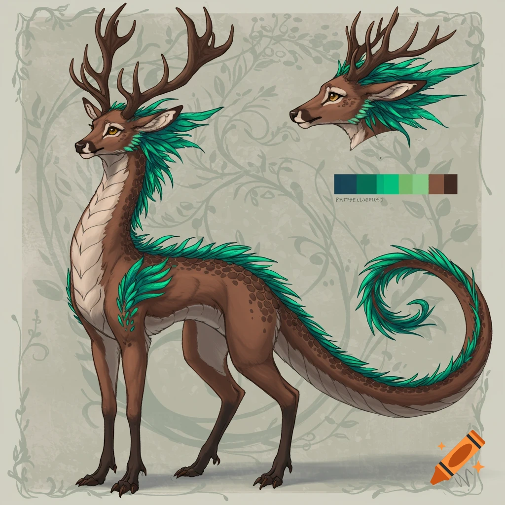 A fantasy deer-dragon hybrid with brown fur, green feathery mane and scales, antlers, and a curled tail, on a leafy background.