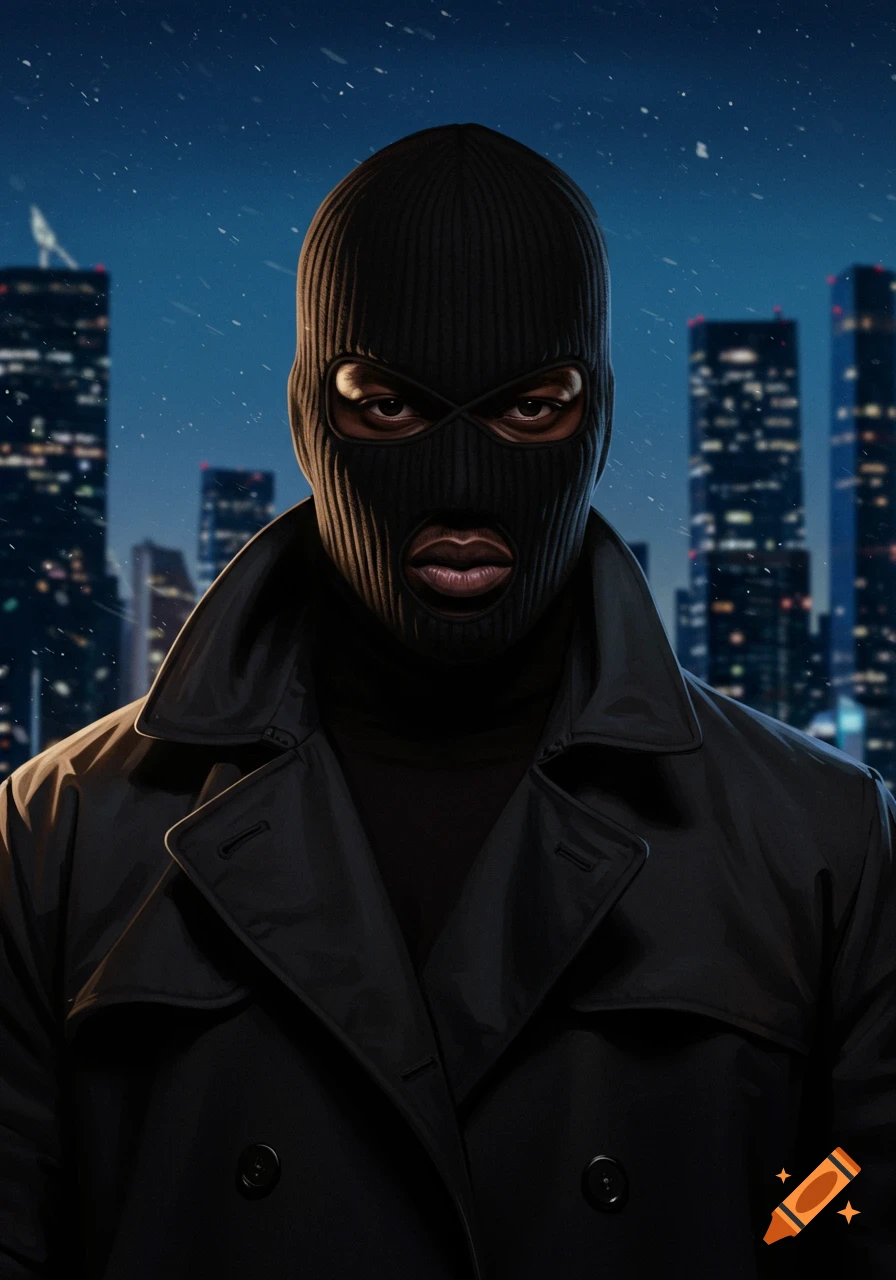 Close-up of a person wearing a black ski mask and trench coat, standing against a dark city skyline at night with falling snow.