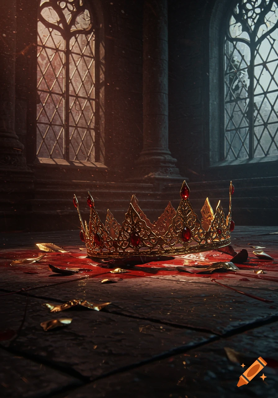 A golden queen's crown with red jewels, shattered and covered in blood, lies on a stone floor in a dark, gothic hall.