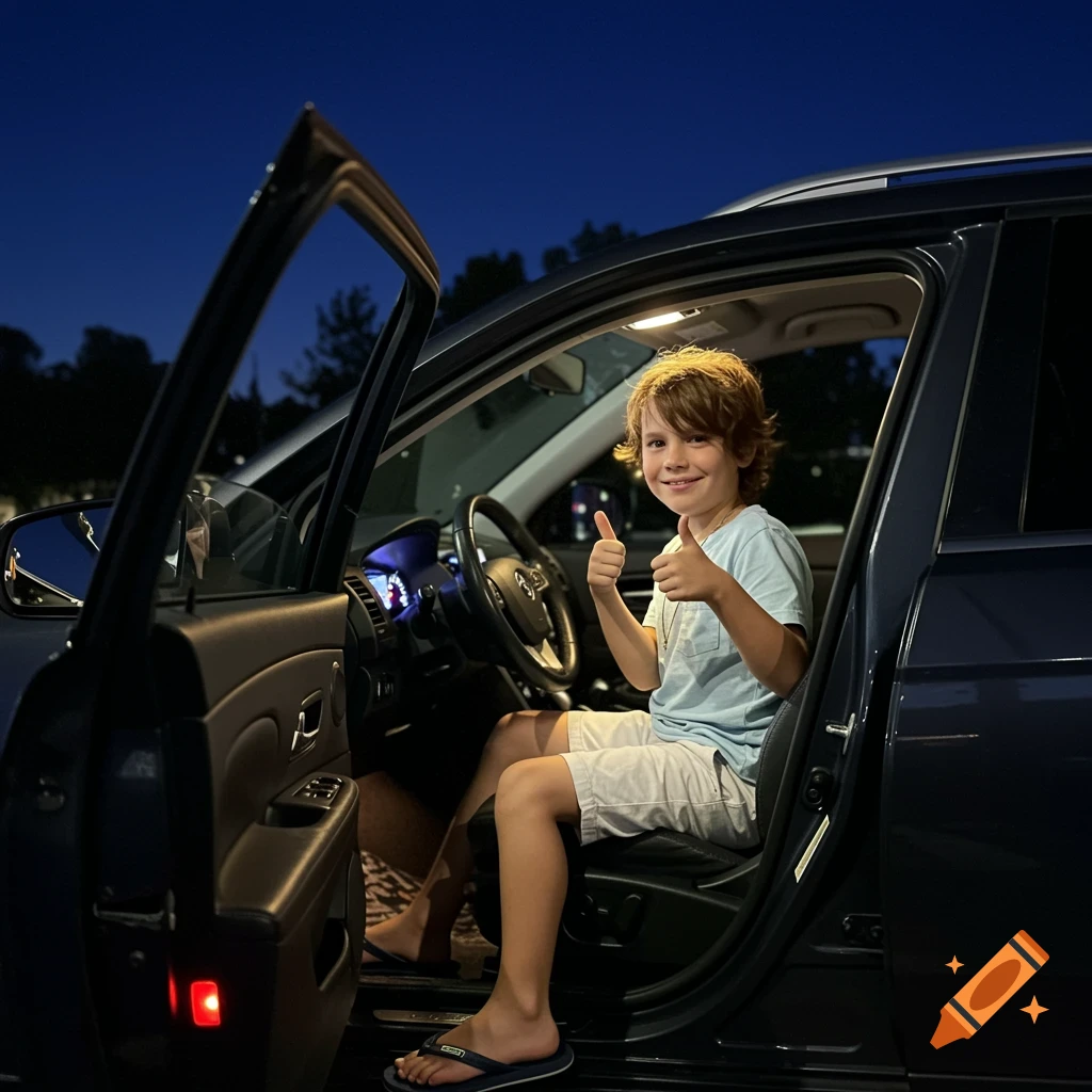 A smiling boy with brown hair and blue eyes in a blue shirt and white shorts gives two thumbs up from the driver's seat of a car at night.