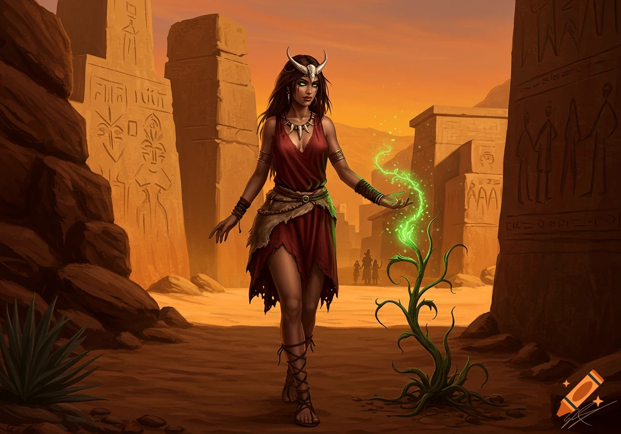 A dark-haired sorceress with horns and green eyes channels green magic into a plant in a desert city with ancient ruins at sunset.