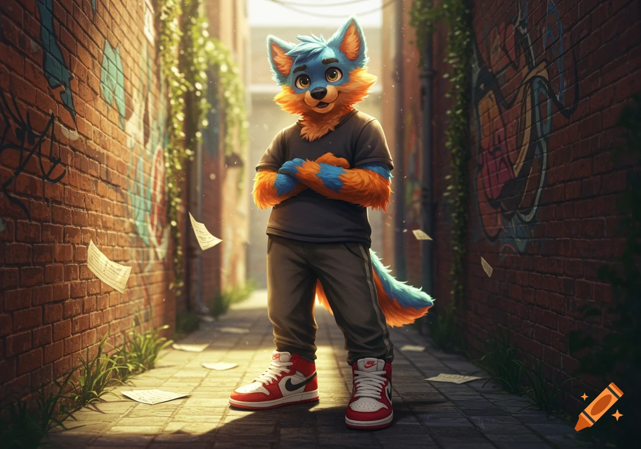 A blue and orange furry fox in a t-shirt and grey pants stands in a sunlit alley with graffiti walls, wearing red Nike sneakers.