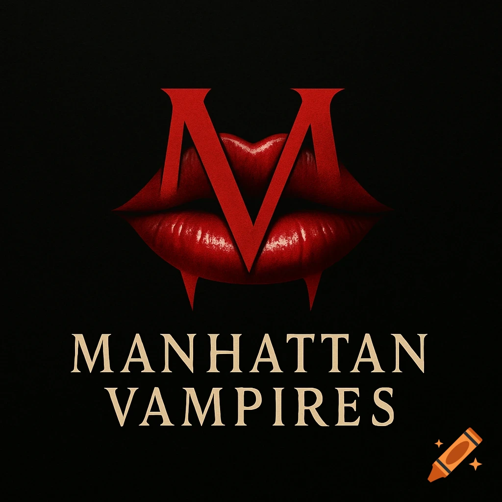Logo featuring stylized red lips with fangs, forming an 'M' and 'V', above the text 'MANHATTAN VAMPIRES' on a black background.