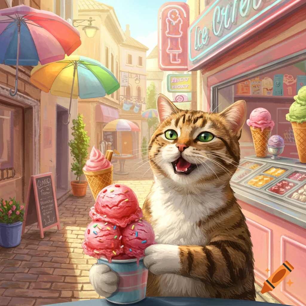 A happy tabby and white cat holds a cup of strawberry ice cream in a sunny street scene with an ice cream shop.