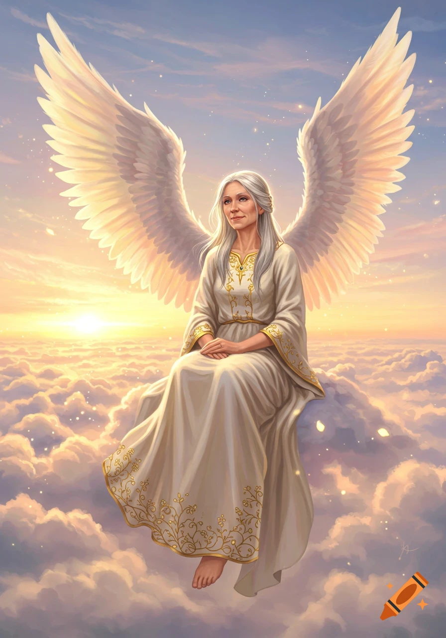 A white-haired elderly angel with large wings sits on a cloud, looking peacefully at the glowing sunset sky. Detailed illustration.
