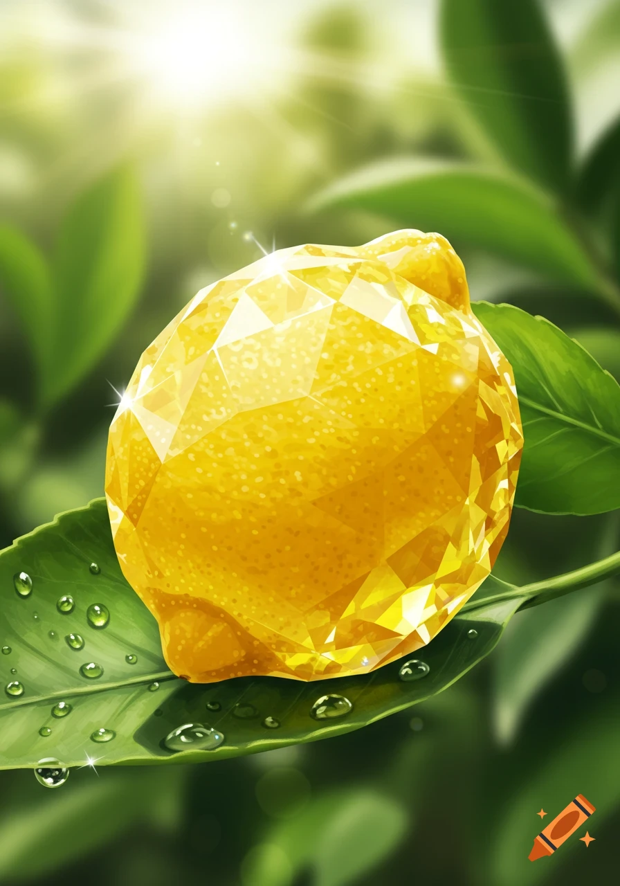 A glistening faceted yellow lemon, like a gem, rests on a green leaf with dewdrops, bathed in sunlight.