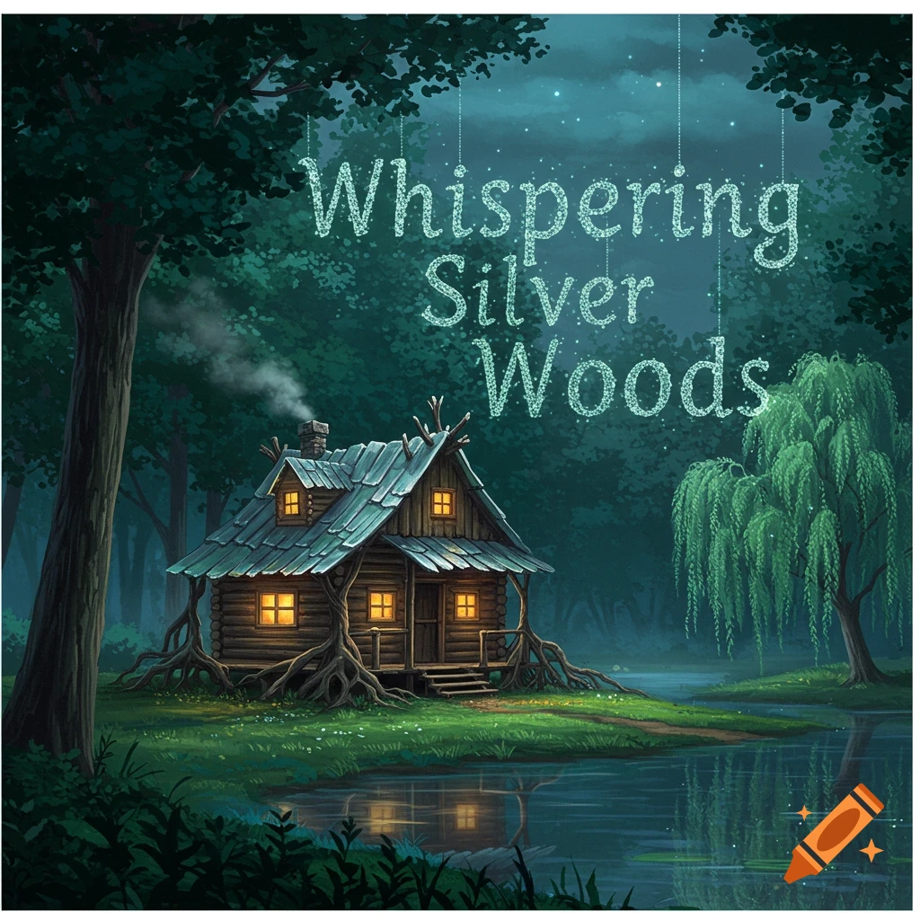 Whimsical illustration of a wooden cabin with glowing windows and roots by a lake in a dark forest. Text says 'Whispering Silver Woods'.