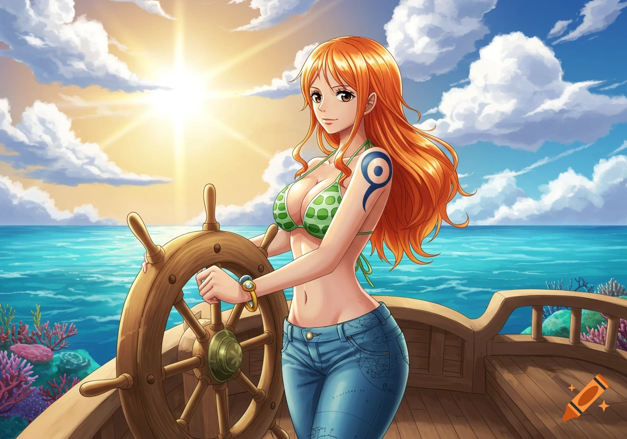 Anime character Nami from One Piece on a boat, wearing a bikini top and jeans, with a sunny ocean background.