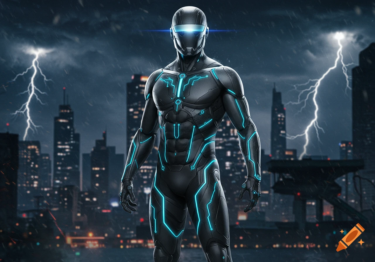 A dark armored figure with glowing blue lines stands powerfully in a rainy, lightning-filled cityscape at night.