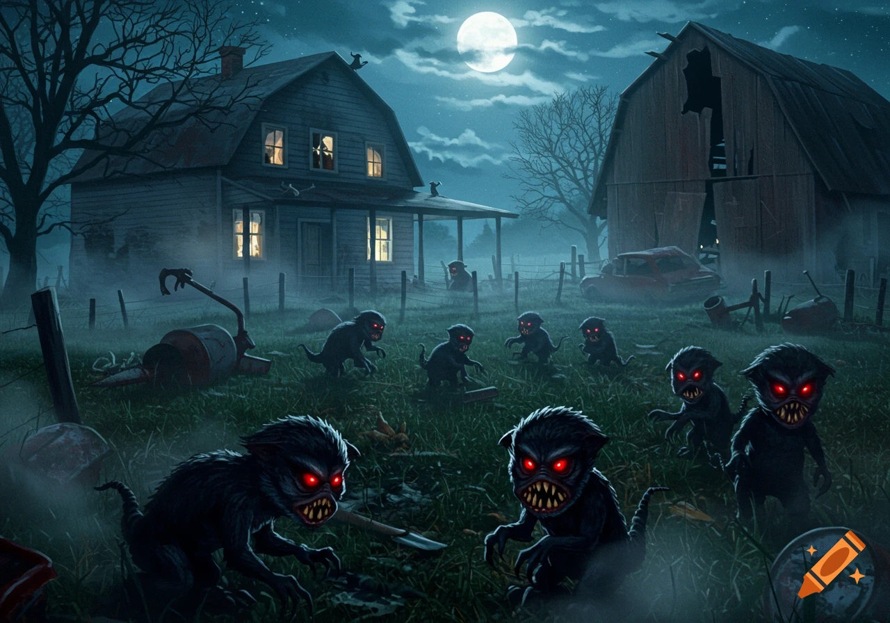 Fanged, red-eyed monsters crawl through a misty field at night, an old farmhouse and barn silhouetted under a full moon.